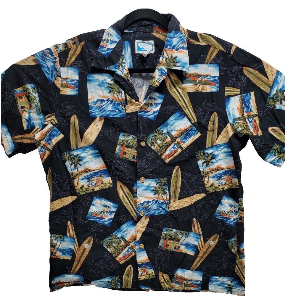 Pride of Hawaii Mens Large Black Cotton Surfboard Beach Scene Aloha Shirt USA